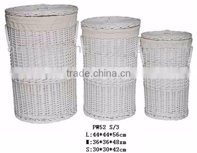 Customized cheap handwoven unique round folding brown wicker laundry basket with cover