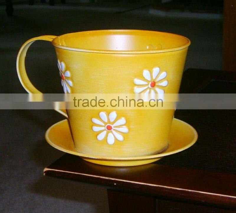 customizedl mug ,Yellow Metal Cup and Saucer Pot Container Planter