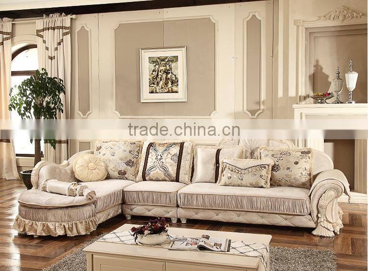 M868 Home Use High Class Living Room Furniture European Classical Wooden Fabric Sofa with Lounge Chaise