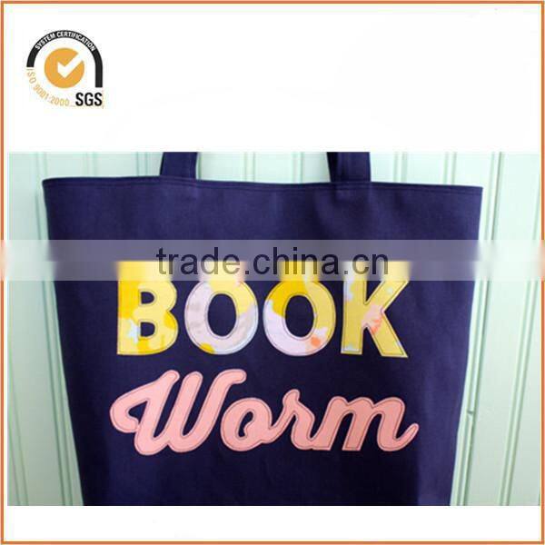 Book Worm Applique Tote Bag: Navy Blue Canvas, Yellow Floral and Pink with Gray Lining and Floral Pocket By Chiqun Dongguan
