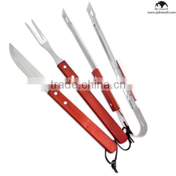 Set of 3 hard wood handle bbq tool set