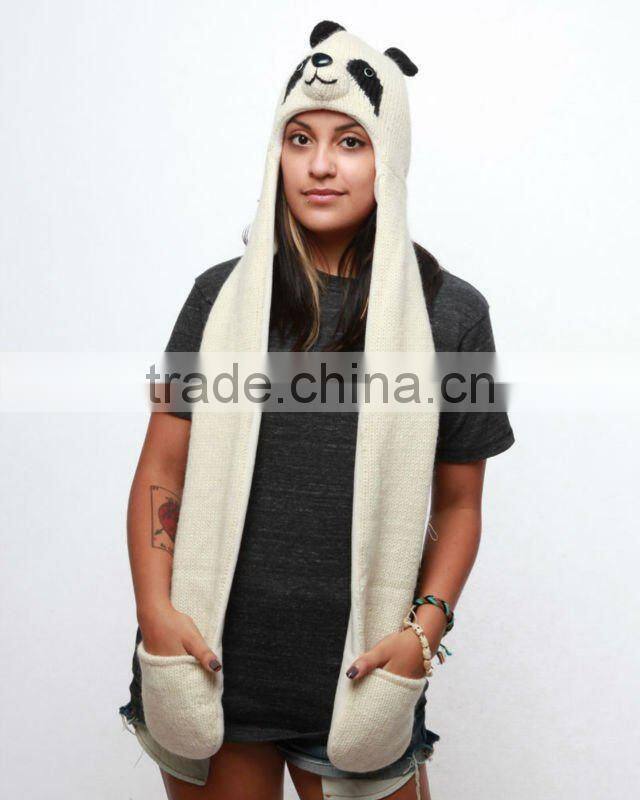 NEW STYLE WOOL ANIMAL KNITTED HATS WITH SCARF POCKETS