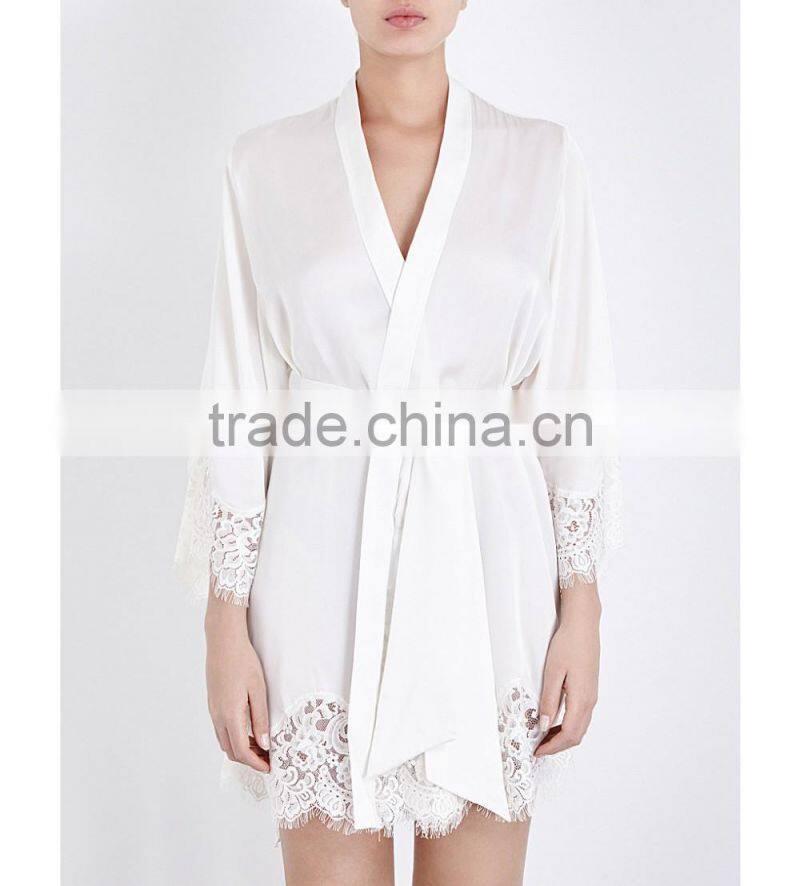 Customize ladies luxury silk satin knee length robe, sexy lace trim long sleeve kimono robe,