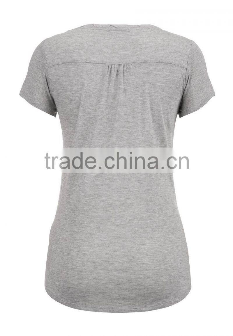 Plain Gray Stylish O Neck Short Sleeves Women Beads Rhinestone T Shirt 2015