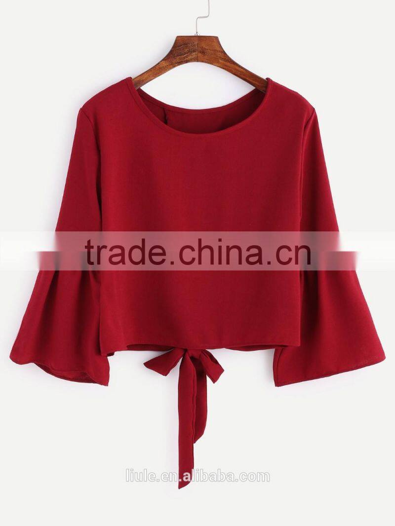 Fashionable ladies tops latest design ruffle flounced sleeves casual blouse for women