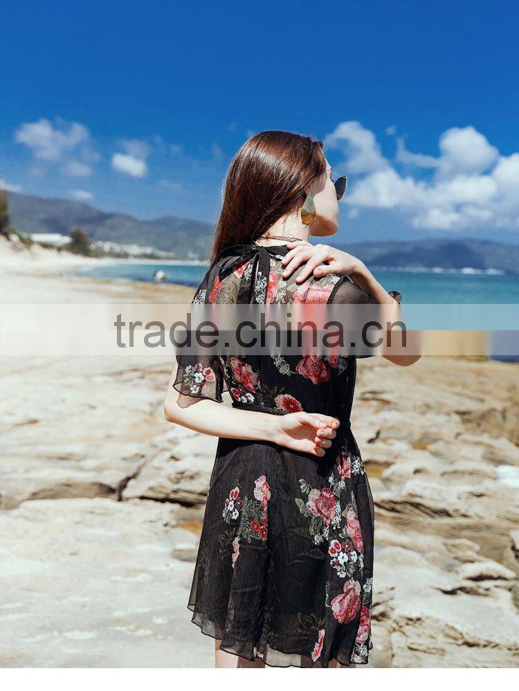 2017 new trend summer dresses for women sexy backless perspective printing chiffon beach fashion dresses