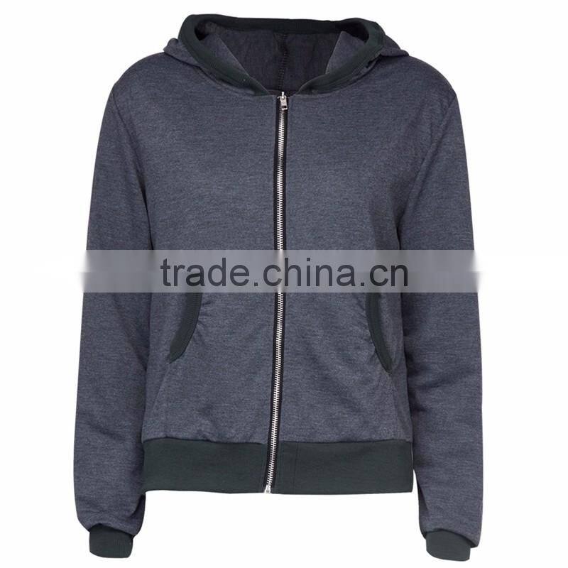 Small Quantity Workable Gray Contrast Wings Print Zip Up Hoodie for Women
