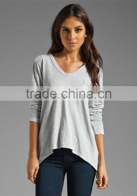 front breast pocket asymmetric hem v-neck collar t-shirt