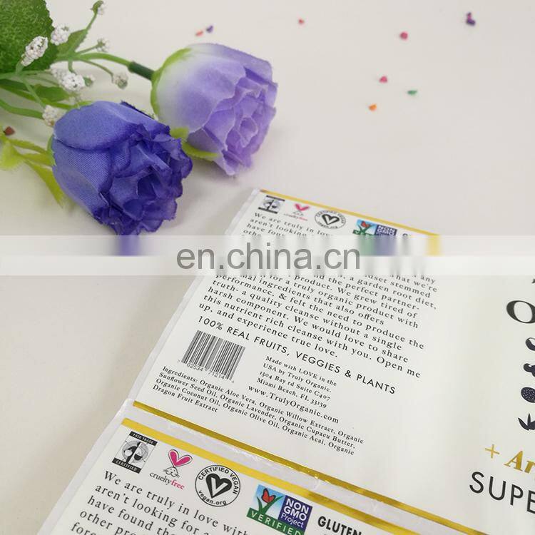 Cheap price organic food bottle labels sticker plastic sticker with gold stamping