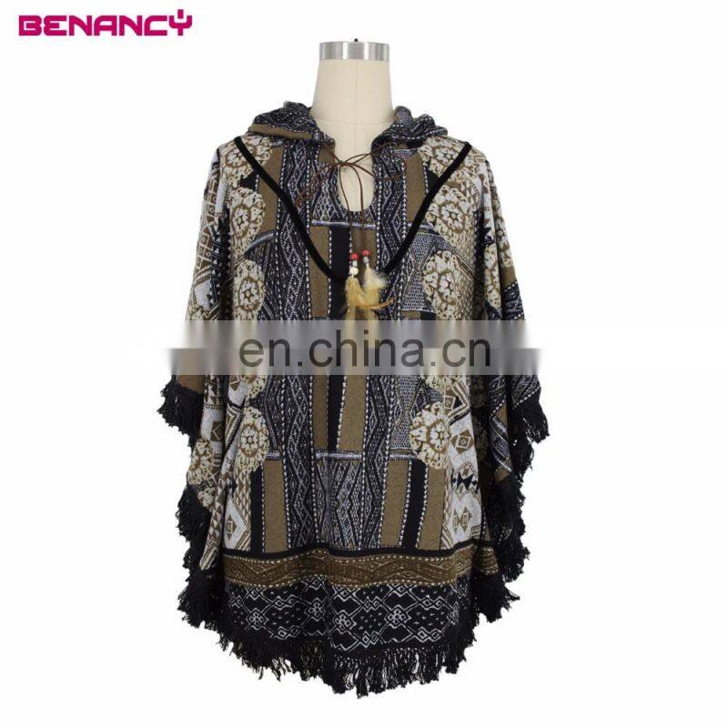 Wholesale Designer Clothing Tribal Mandala Print Poncho Hoodie With Tassel Fringe
