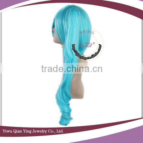 High Quality long blue synthetic Vocaloid cosplay wig with two clip ponytails