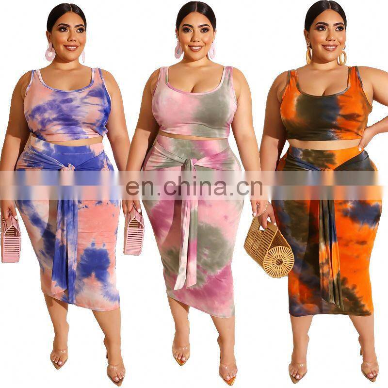 Wholesale two-piece ladies clothing hot sale crop tops and mid-length tight skirt dresses plus size
