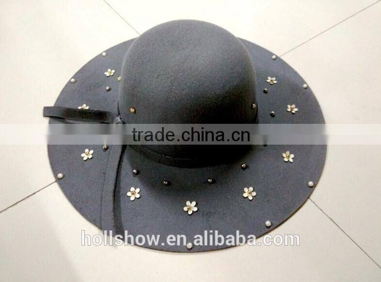 Fashion Women Flower Pearl Beaded Large Brim Trilby Fedora Hats with Ribbon