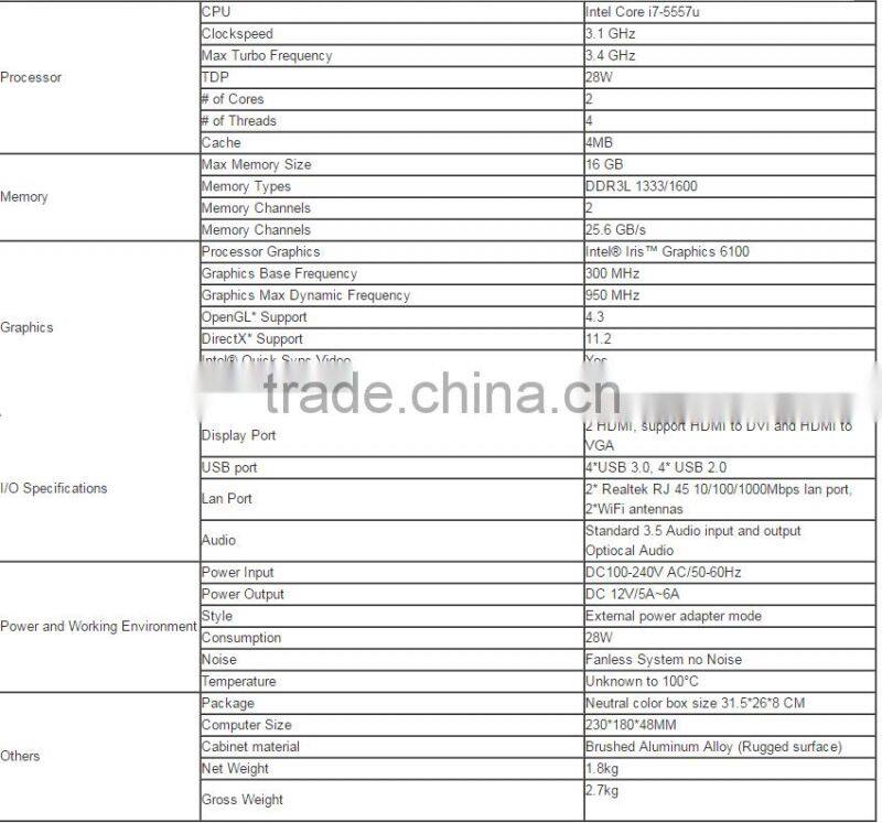 Hot micro computer i7 Intel Core i7-5557U with small size low power barebone systerm wifi hdmi usb 3.0
