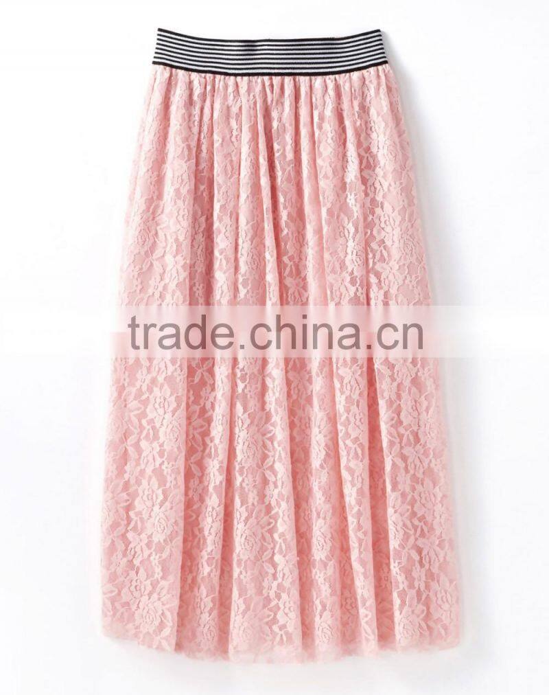 2016 Fashion Women Black Hollow Lace Midi Skirt