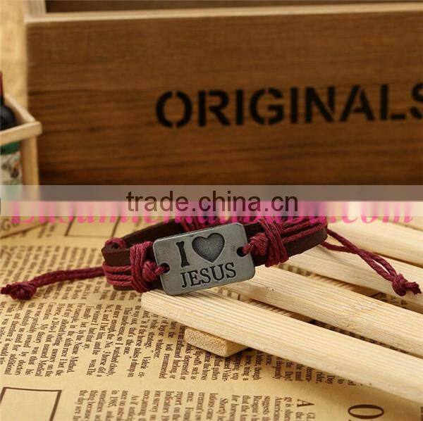Leather cuff bracelet with engraved metal plate I love jesus bracelet