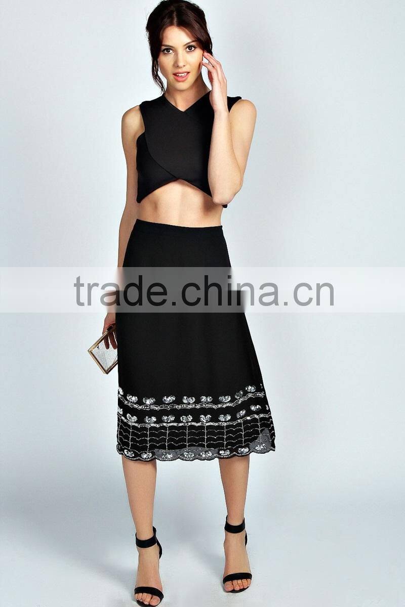Beaded Scalloped Hem Long Office Skirts