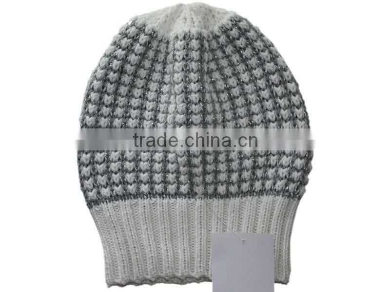 lurex popcorn knit cap hat beanie with rib cuff for women
