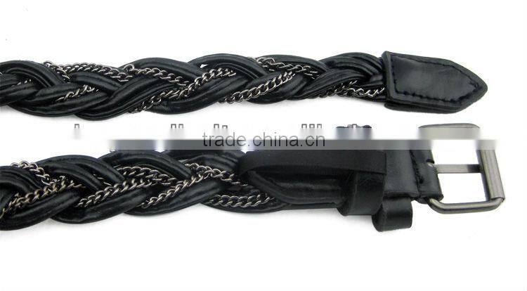 Women's 1" Wide Web Woven Braided Chain Black Faux Leather Belt