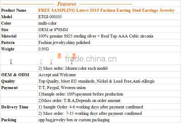FREE SAMPLING Latest 2015 Fashion Earring Stud Earrings Jewelry
