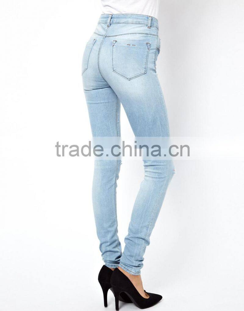 Ice Blue Super Soft Ultra women Skinny Jeans with Ripped Knee (LOTX142)