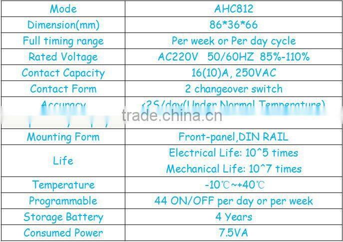 2 Channels weekly programmable digital time switch AHC812