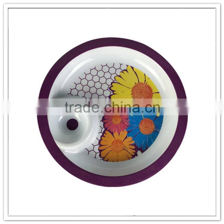 Round colorful flower print melamine chip and dip , plastic food serving tray