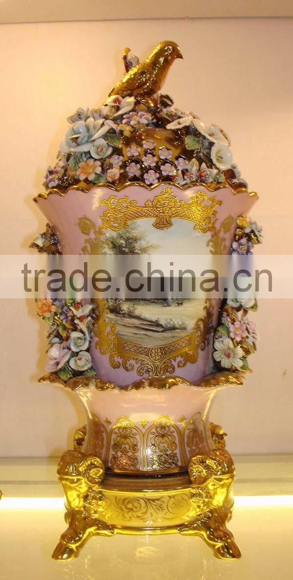 Birds and Flowers Decorated Ceramic Jar, Hand Painted Luxury Designed Jar