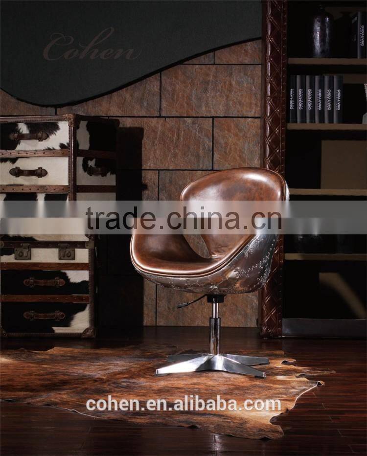 Luxury white top grain leather leisure chair/egg chair with aluminium coating back swivel bar chair