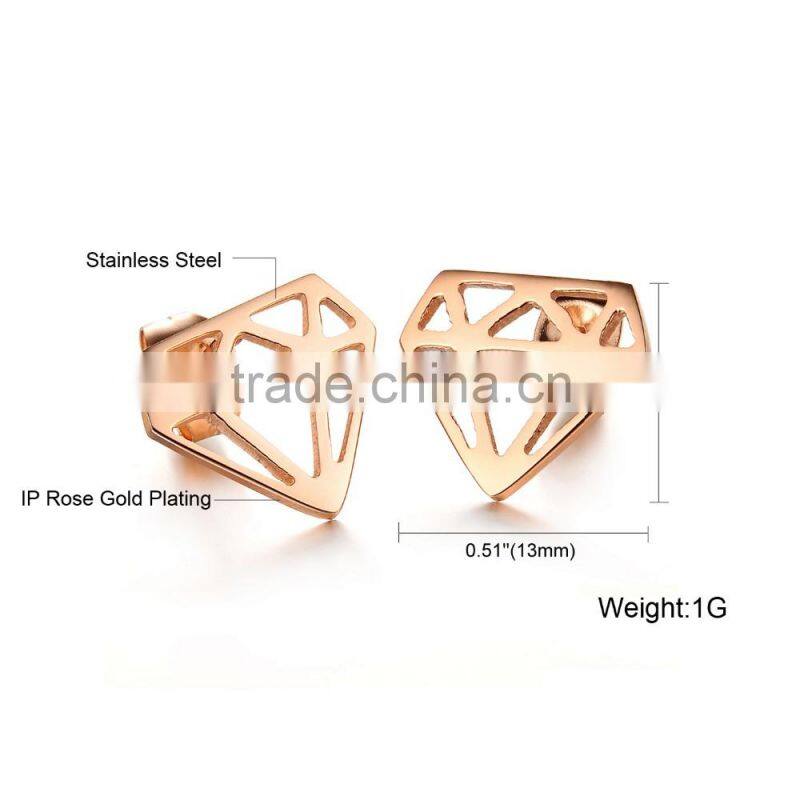 Fashion Jewelry Diamond Shaped Stud Earrings Men Rose Gold IP Stainless Steel Earring