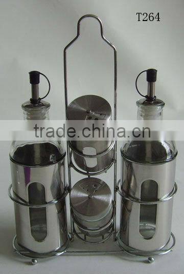 cylinder s/s glass oil vinegar sauce dispenser with stainless steel coating set with rack