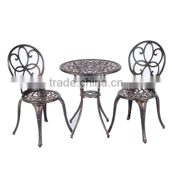 Manufacturer supply the cast Aluminum garden metal bistro set garden metallic table and chair for hot sale