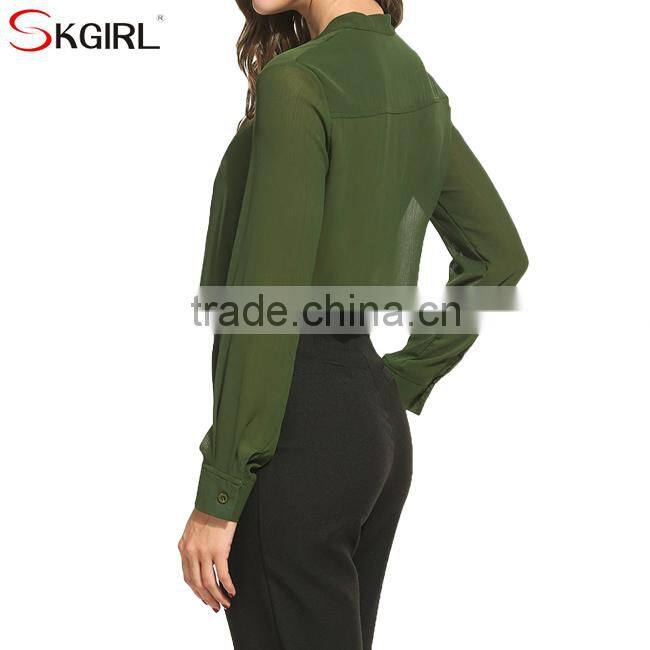 Casual loose fit tie-bow neck long cuffed sleeve office wear tops latest formal skirt chiffon blouse patterns for ladies