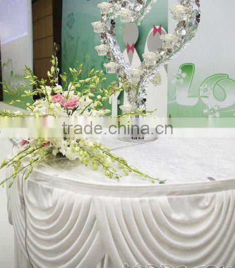 white ice silk table skirt with tapes at back with detachable white swag table sikrt