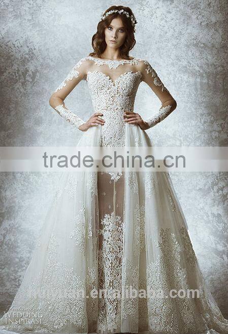 simple boat neck lace long sleeve corset wedding dress