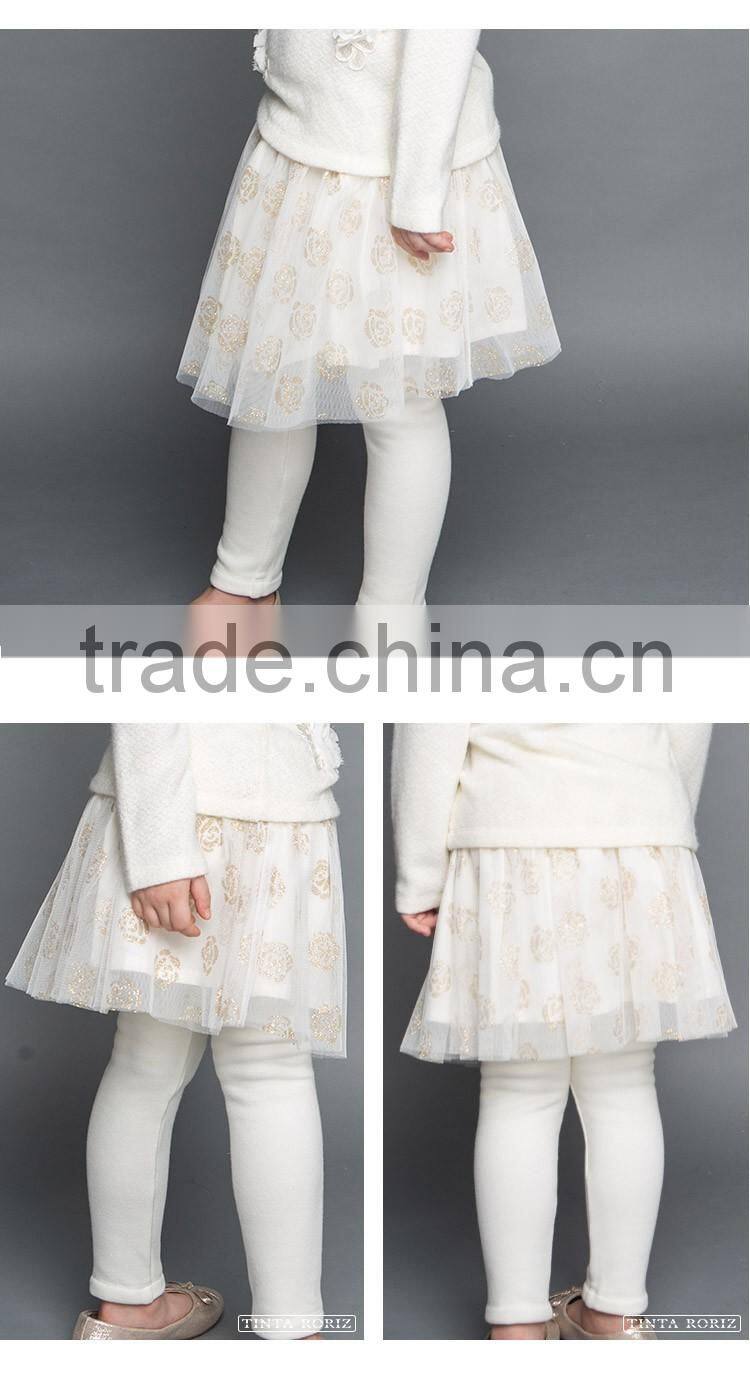 2017 Spring Kids Fleece Lining Pantskirt Mesh And Pleated Skirt With Leggings Girls Faux Twinset Skirt With Rose Pattern