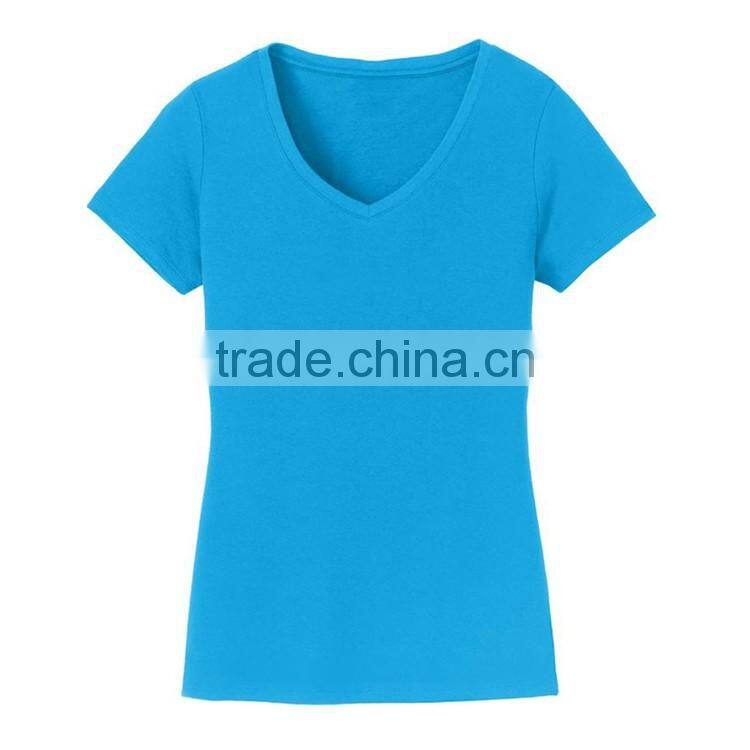 Short sleeve bulk deep v-neck women cotton plain blank tshirt