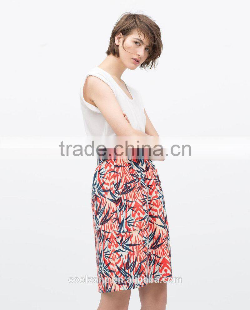 2015 New fashion palm tree print longuette skirt