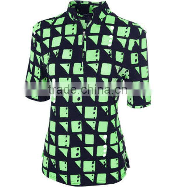 100% polyester,Women's Square Print Twilight zipper up Short Sleeve Polo shirt