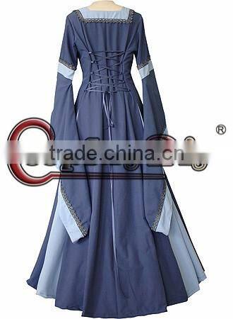 Custom Made Light Blue Medieval And Renaissance Dress With Trumpet Sleeves For Gothic And Fantasy Parties