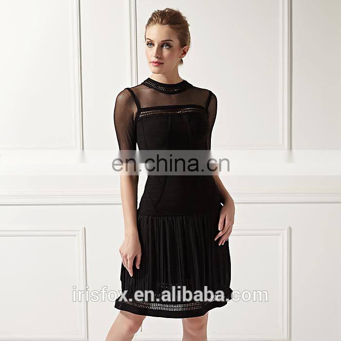 Black short sleeve see through bandage dress bead embroidered pleated skirt style evening dress
