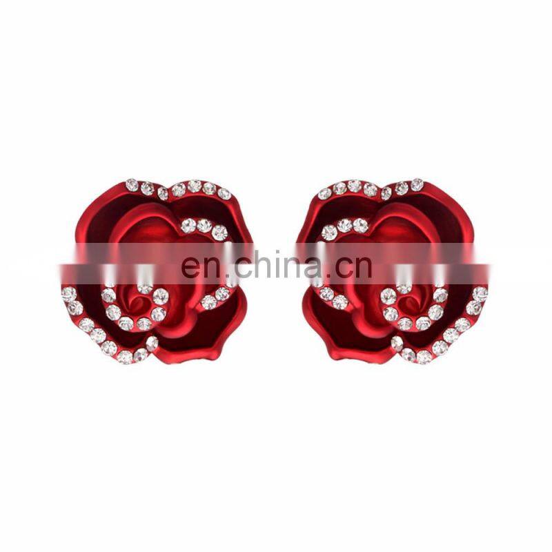 High quality beautiful woman jewelry rose cut diamond earrings white crystal rose flower earring