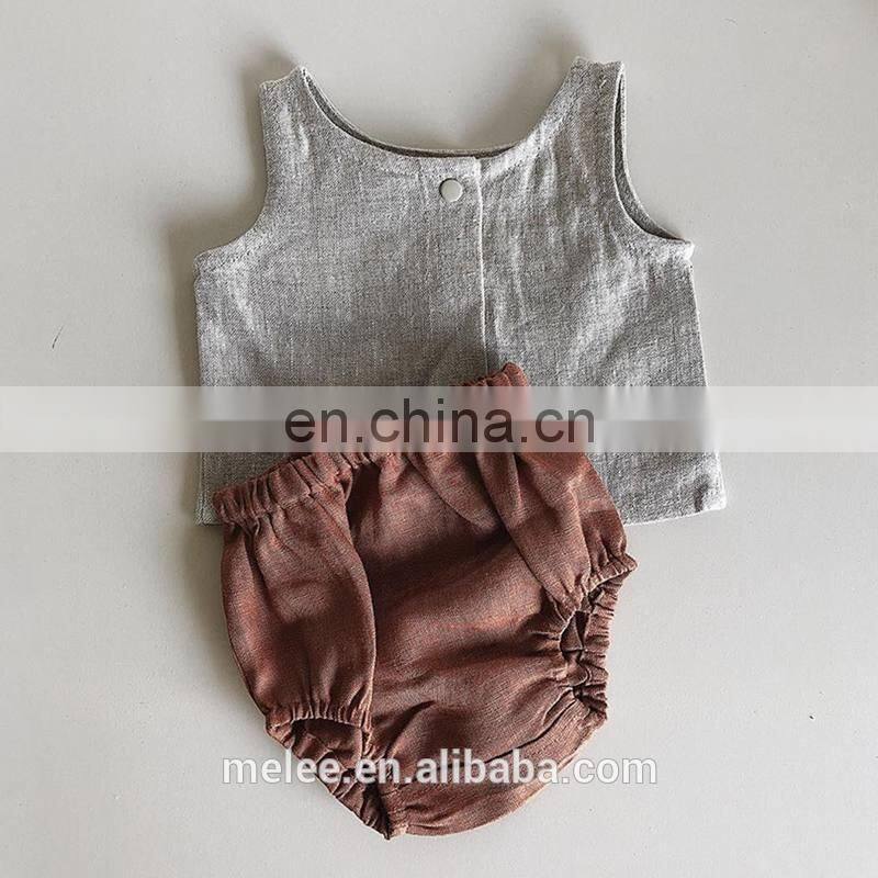 RTS Australia Hot Sale Baby Infant linen 2pcs Set Buttons Vest Tops Solid Bloomers Korean Girls Linen Outfits