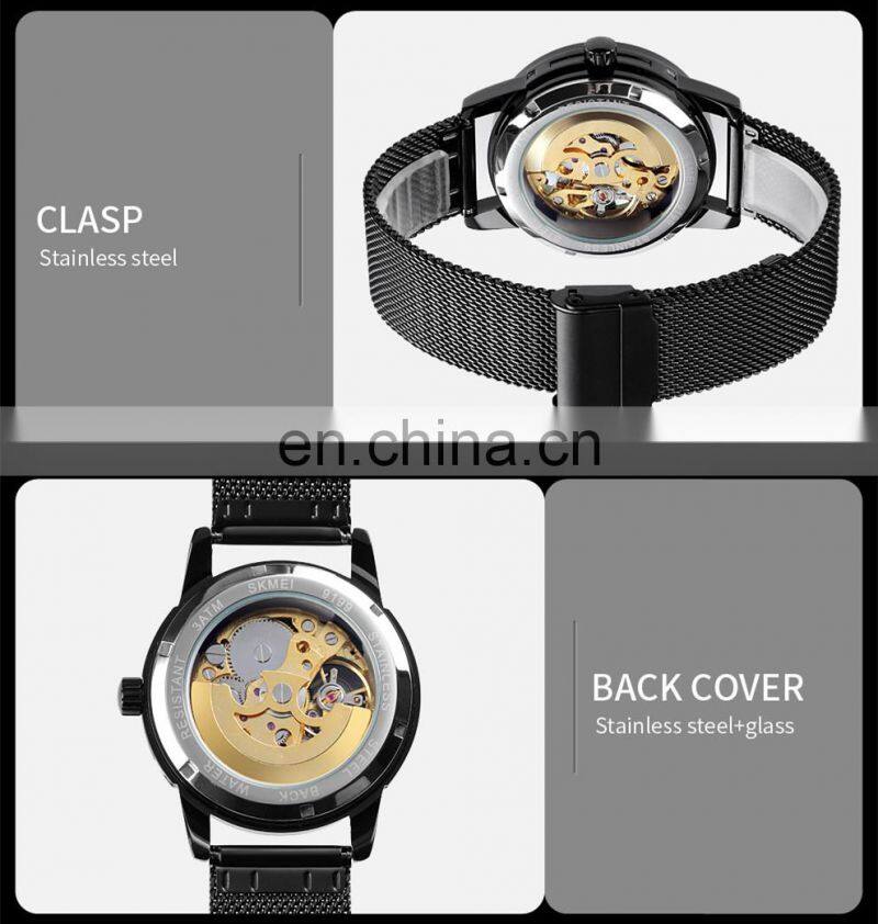 luxury SKMEI 9199 automatic mechanical movement stainless steel men wrist watch