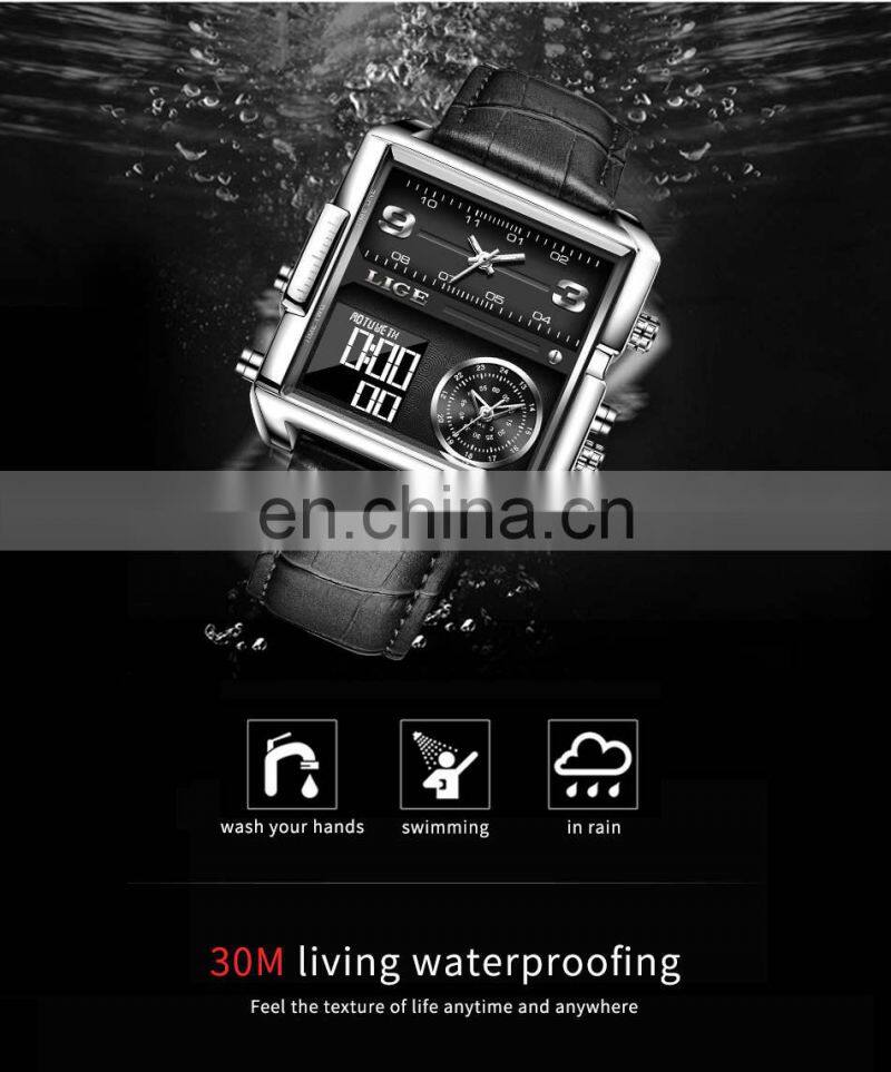 LIGE 8925 Mens Watches Square Digital Sports Quartz Wrist Watch for Men Waterproof wrist watches hands