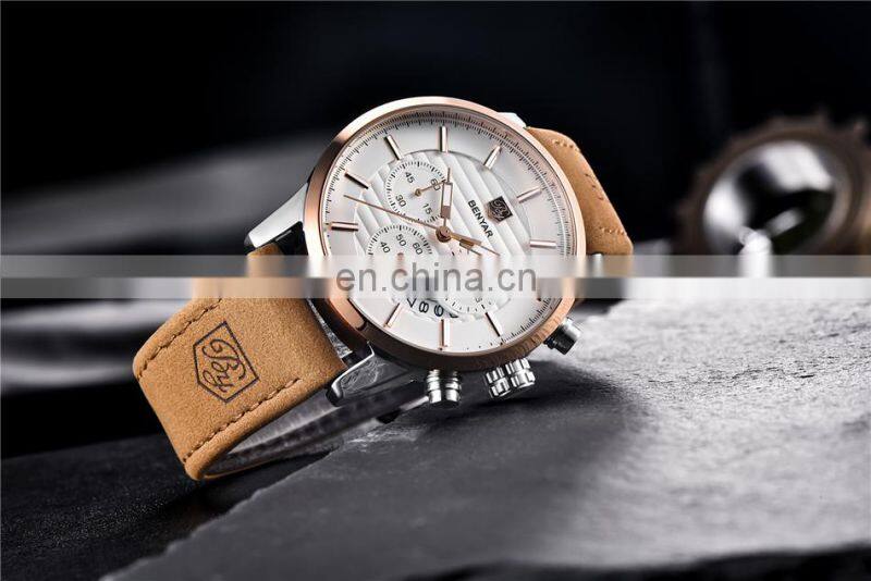 Benyar BY-5104M Personalized Man Quartz Wrist Watches Chronograph Calendar Luxury Leather Men Watch Manufacturer