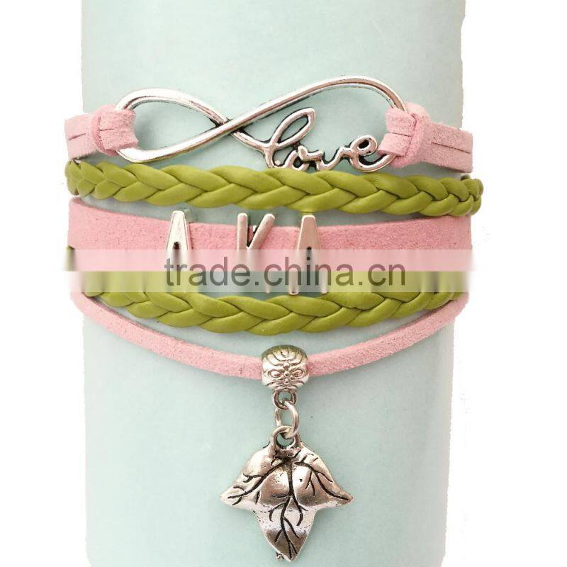 Newest AKA Wrap Bracelet Leaf Alpha Kappaa Alpha AKA Heart Pink Green Custom leather bracelet