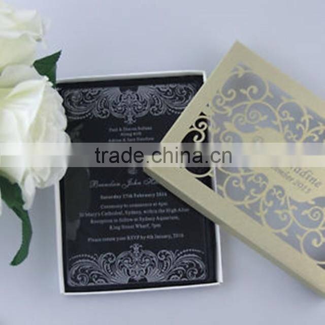 Charming clear acrylic wedding invitations with white silk screen printing & laser cut box