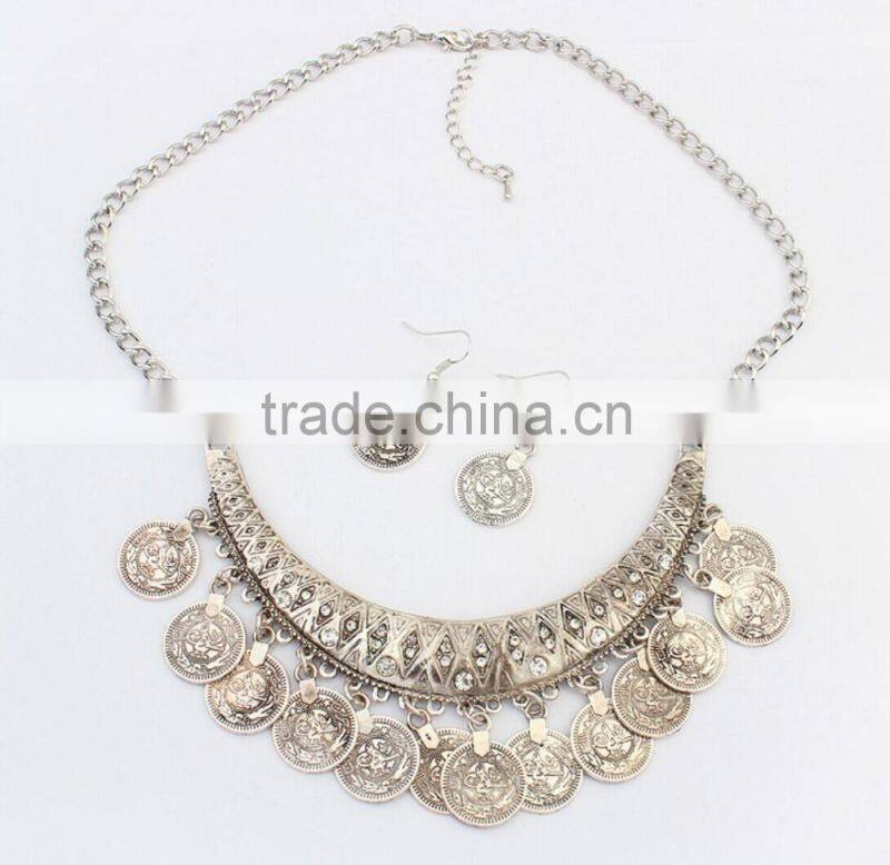 Made in China online wholesale European and American Vintage Gold Silver Coin Statement Chain Hoop Earrings Necklace Jewelry Set