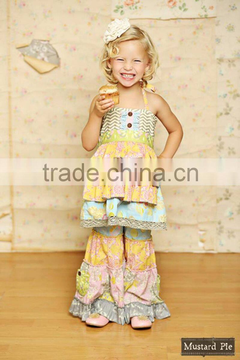 unique design fall winter 2pcs stripe ruffle boutique outfits with two pockets